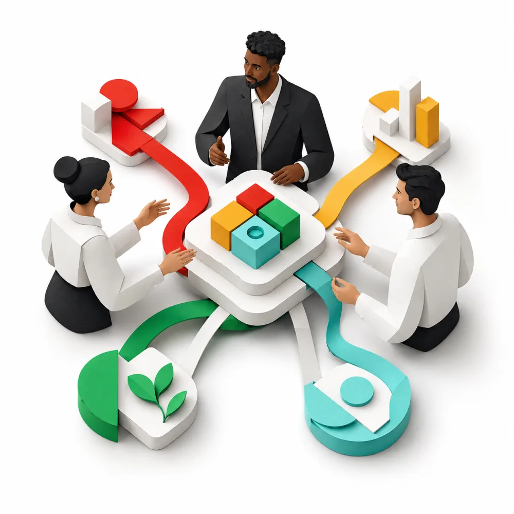 Editorial illustration of people learning and working together, not a photograph of Maaten staff.